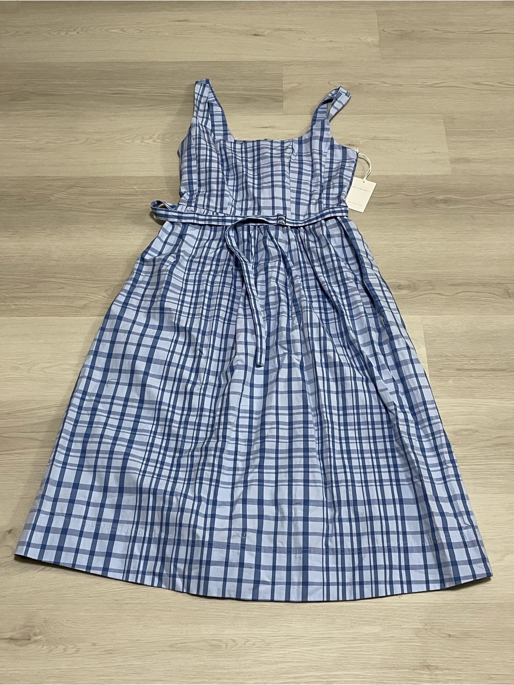 Blue Plaid Sleeveless Dress with Tie Waist